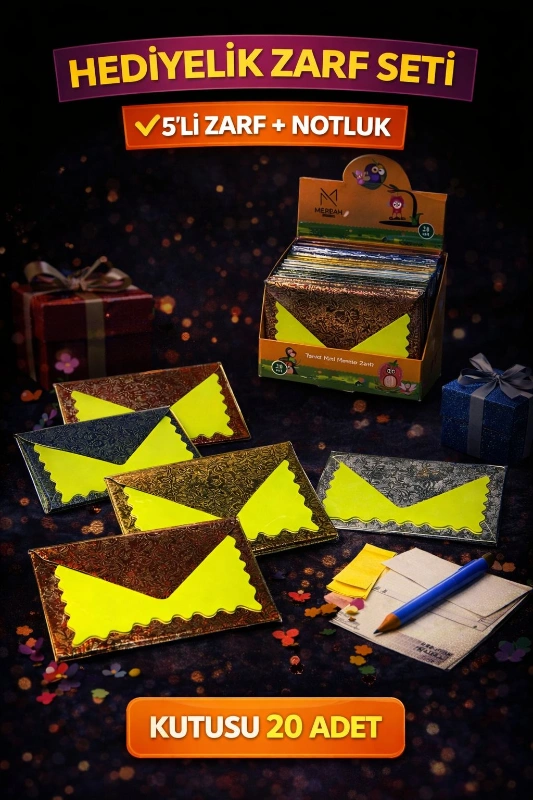 HEDİYELİK ZARF SET 5 ZARF+NOTLUK / 20Lİ STANT